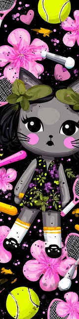 Free kawaii cats bookmark featuring a tennis-playing cat wearing a black dress